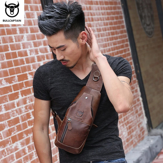 BULLCAPTAIN Leather Messenger Bags Men's Casual Bag For Men Chest Bag Brand Designer Multi-Function Headphone Jack Chest Pack