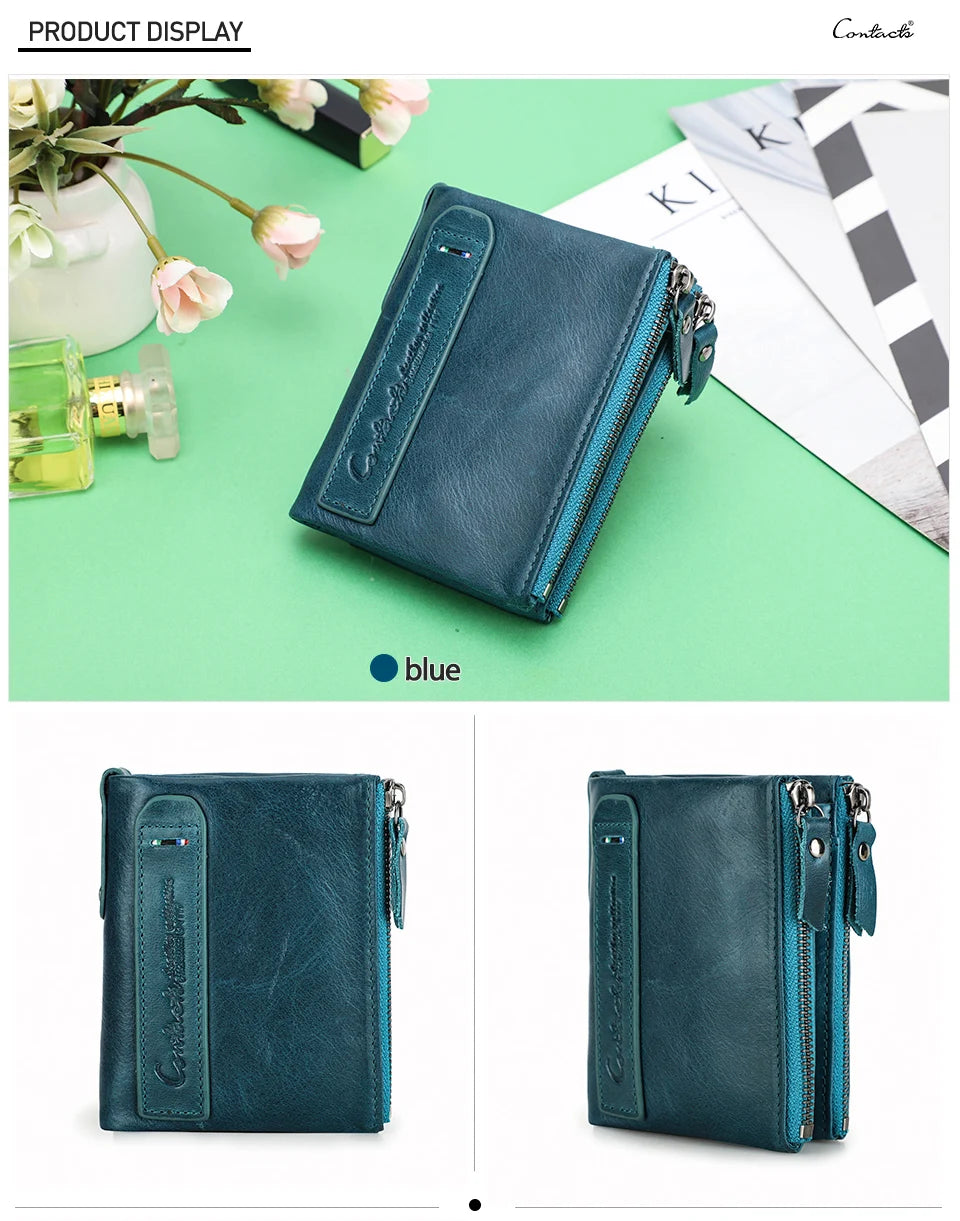 Fashion Genuine Leather Women Wallet Bi-fold Wallets Red ID Card Holder Coin Purse With Double Zipper Small Women's Purse 2022