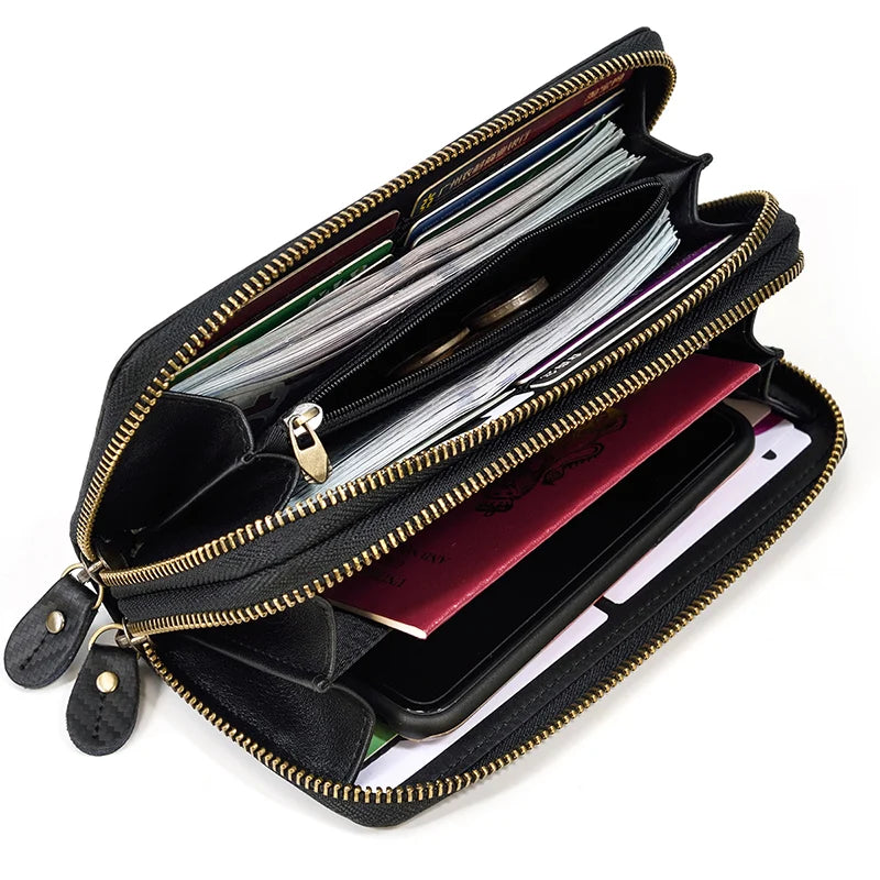 Luufan Vintage Crazy Horse Leather Men Women Long Purse Wallet Credit Card Double Zip Wallets Long Wallet Male Clutch Purse