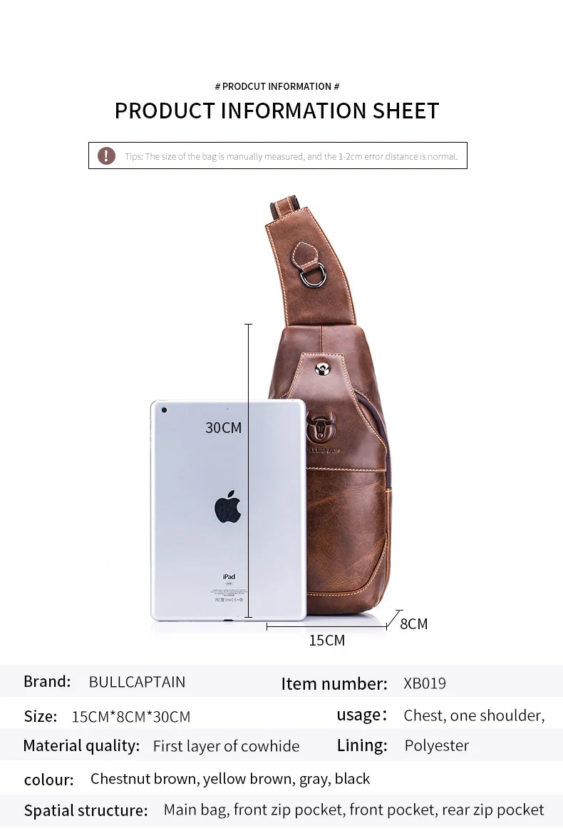 BULLCAPTAIN  Leather Messenger Bags Men's Casual Bag For Men Chest Bag Brand Designer Multi-Function Headphone Jack Chest Pack
