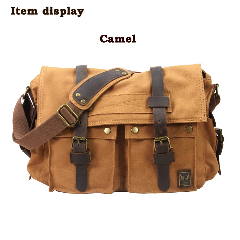 New Fashion Vintage Leather Canvas Men's Messenger Bag Cotton Canvas Crossbody Bag Men Shoulder Bag Sling Casual Bag Leisure