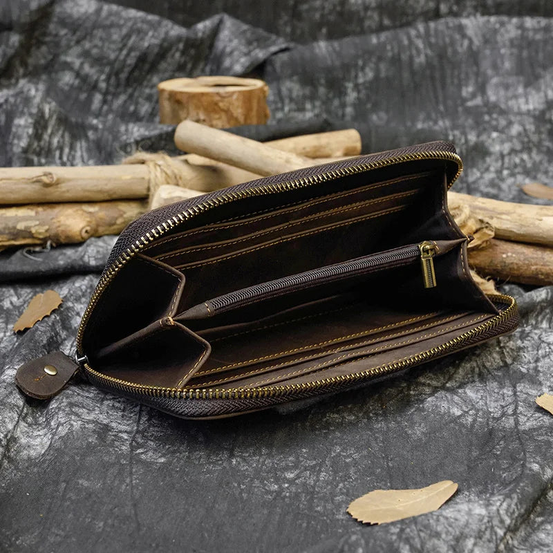 Luufan Vintage Crazy Horse Leather Men Women Long Purse Wallet Credit Card Double Zip Wallets Long Wallet Male Clutch Purse