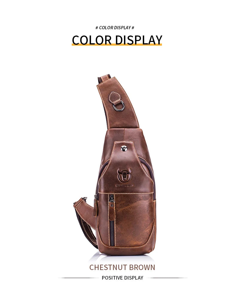 BULLCAPTAIN  Leather Messenger Bags Men's Casual Bag For Men Chest Bag Brand Designer Multi-Function Headphone Jack Chest Pack
