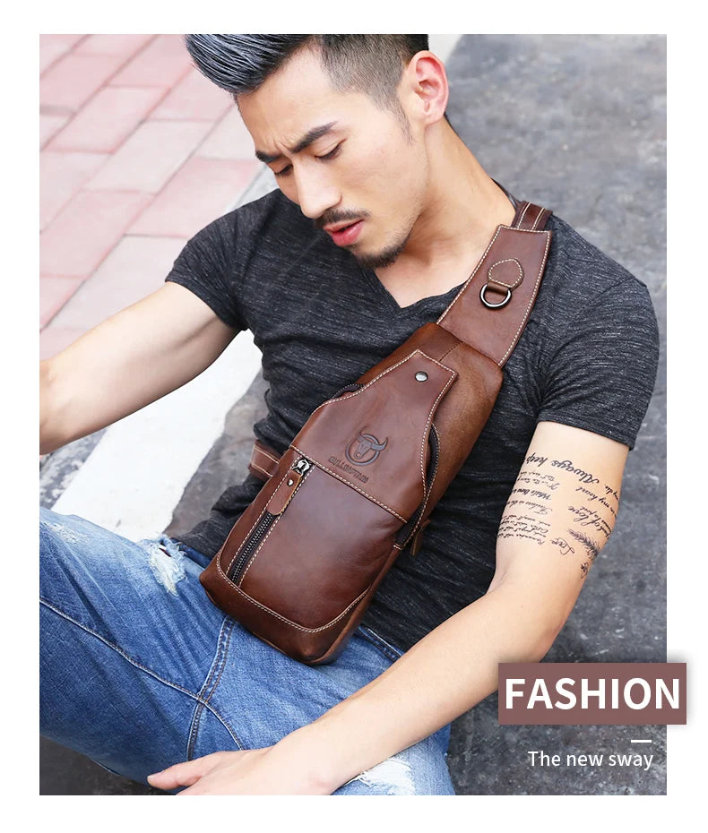 BULLCAPTAIN  Leather Messenger Bags Men's Casual Bag For Men Chest Bag Brand Designer Multi-Function Headphone Jack Chest Pack