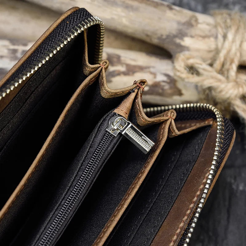 Luufan Vintage Crazy Horse Leather Men Women Long Purse Wallet Credit Card Double Zip Wallets Long Wallet Male Clutch Purse