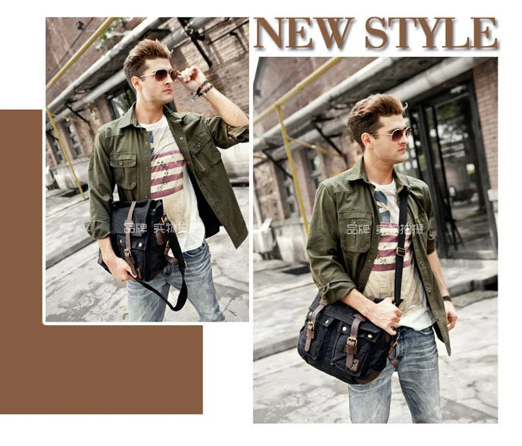 New Fashion Vintage Leather Canvas Men's Messenger Bag Cotton Canvas Crossbody Bag Men Shoulder Bag Sling Casual Bag Leisure