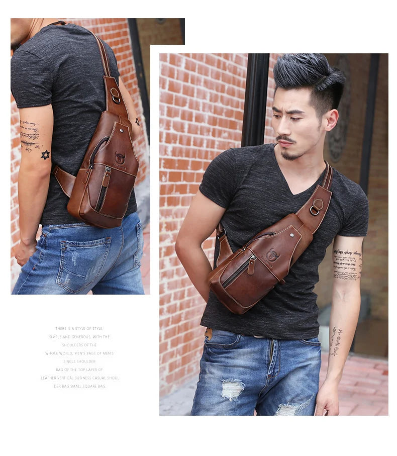 BULLCAPTAIN  Leather Messenger Bags Men's Casual Bag For Men Chest Bag Brand Designer Multi-Function Headphone Jack Chest Pack