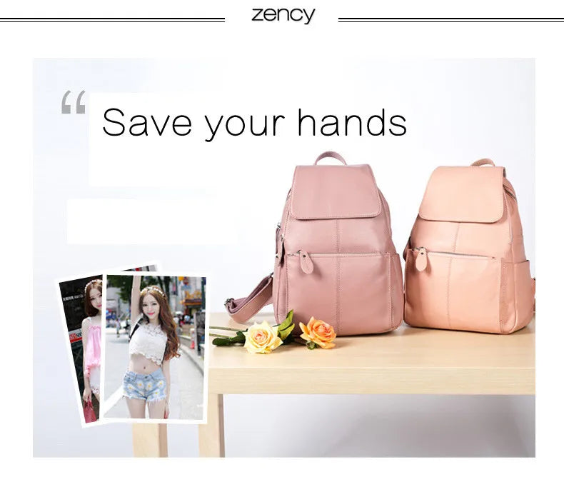 Zency Stylish Black White Genuine Leather Women Backpack A++ Quality Anti-theft Large Capacity Knapsack Travel Designer Rucksack