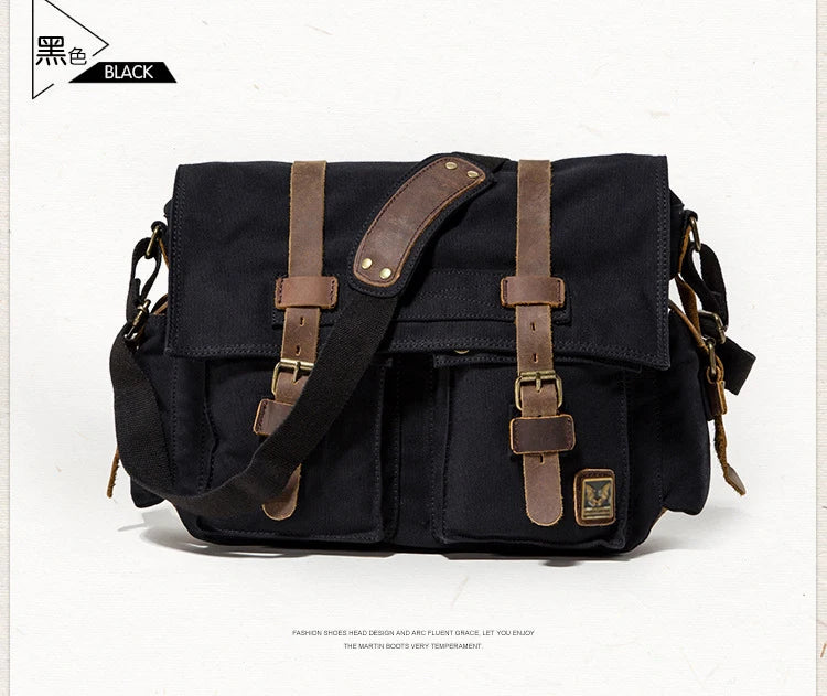 New Fashion Vintage Leather Canvas Men's Messenger Bag Cotton Canvas Crossbody Bag Men Shoulder Bag Sling Casual Bag Leisure