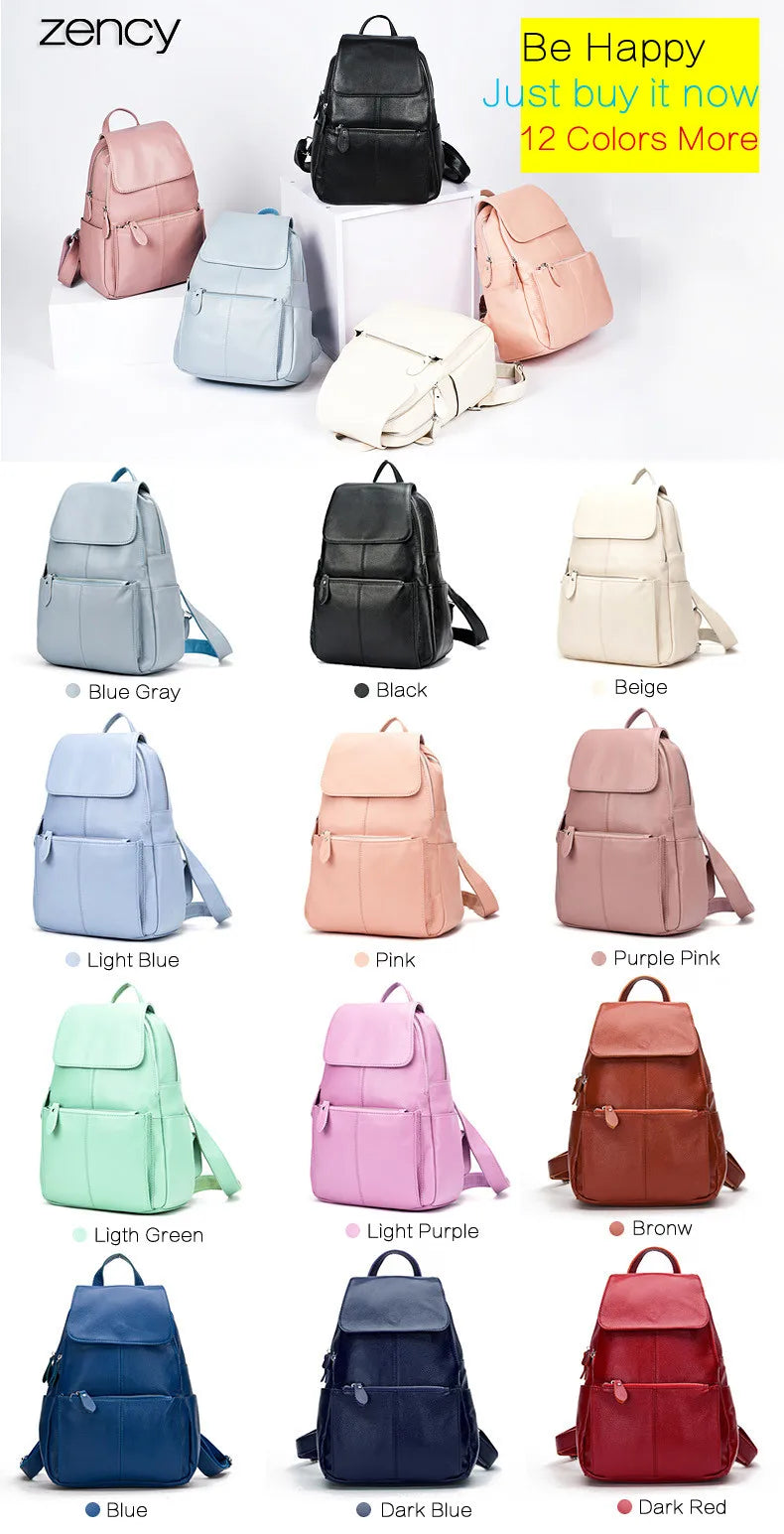 Zency Stylish Black White Genuine Leather Women Backpack A++ Quality Anti-theft Large Capacity Knapsack Travel Designer Rucksack