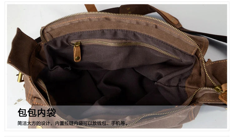 New Fashion Vintage Leather Canvas Men's Messenger Bag Cotton Canvas Crossbody Bag Men Shoulder Bag Sling Casual Bag Leisure