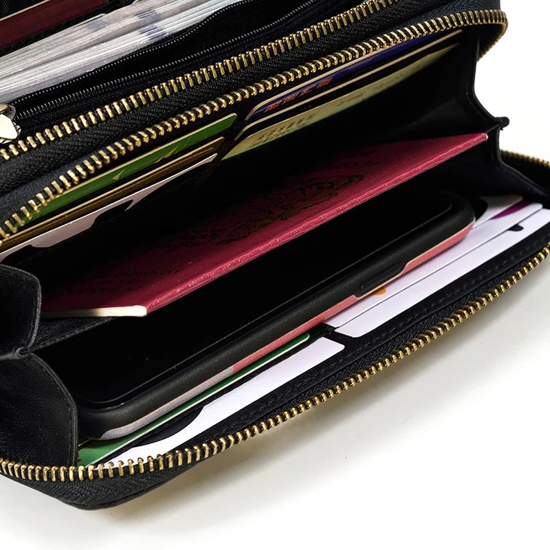 Luufan Vintage Crazy Horse Leather Men Women Long Purse Wallet Credit Card Double Zip Wallets Long Wallet Male Clutch Purse
