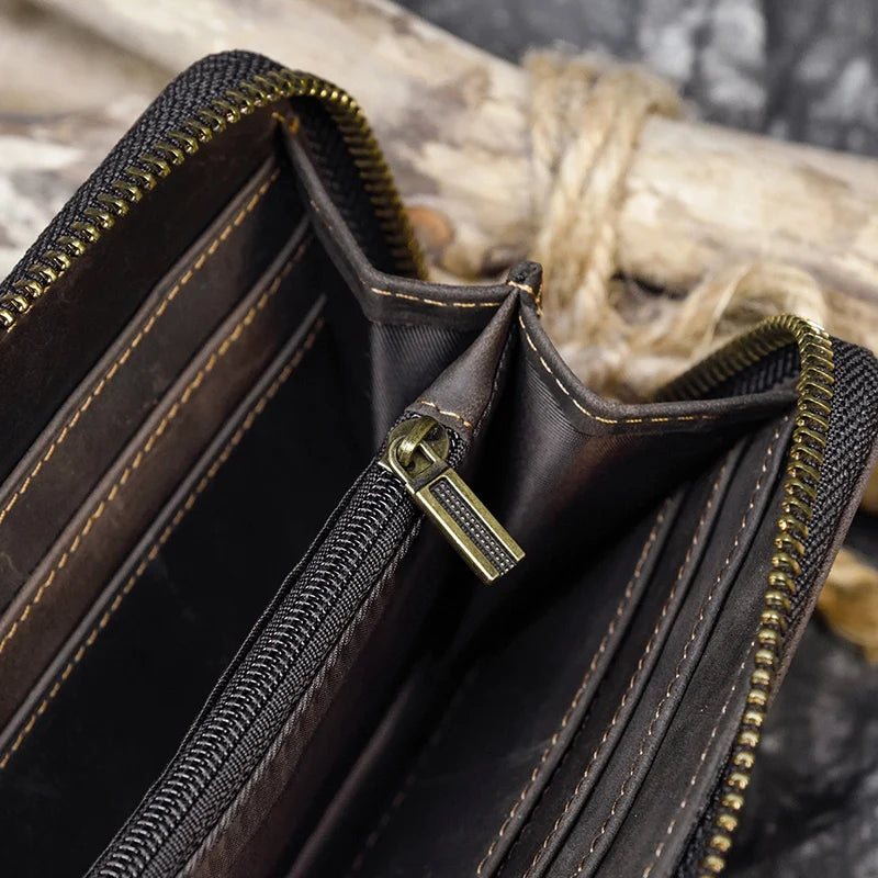 Luufan Vintage Crazy Horse Leather Men Women Long Purse Wallet Credit Card Double Zip Wallets Long Wallet Male Clutch Purse