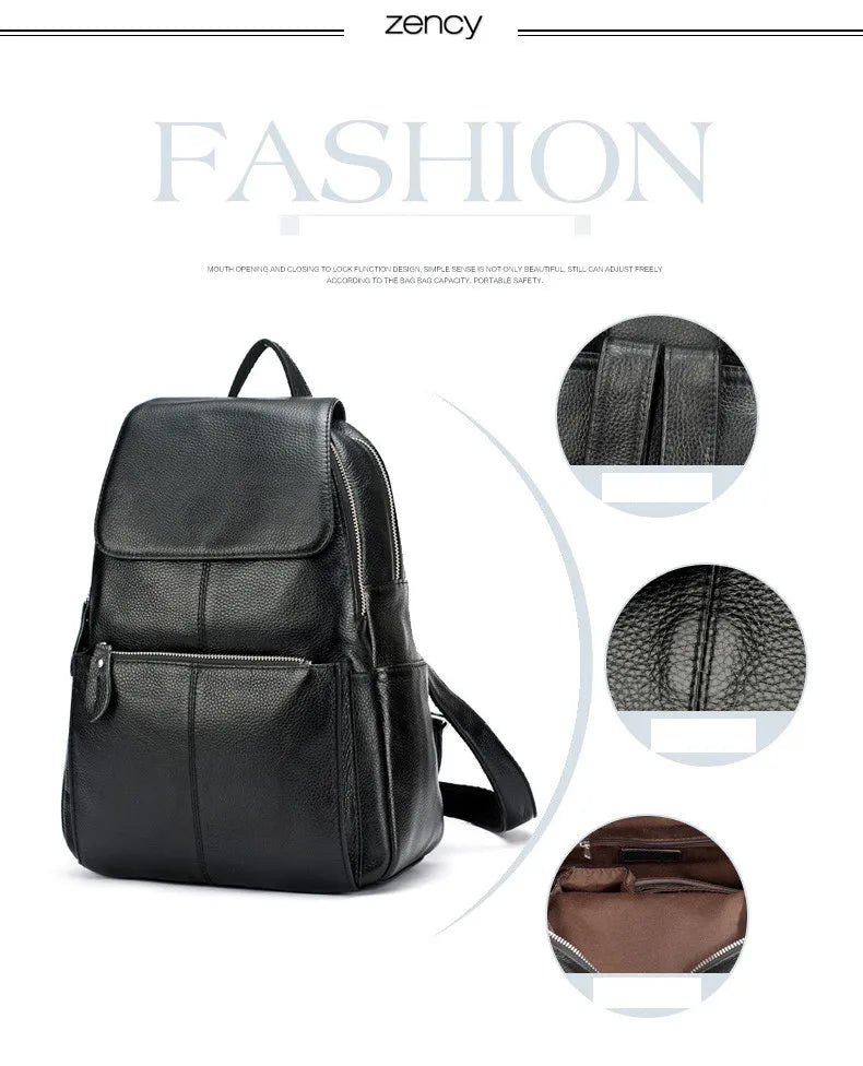 Zency Stylish Black White Genuine Leather Women Backpack A++ Quality Anti-theft Large Capacity Knapsack Travel Designer Rucksack