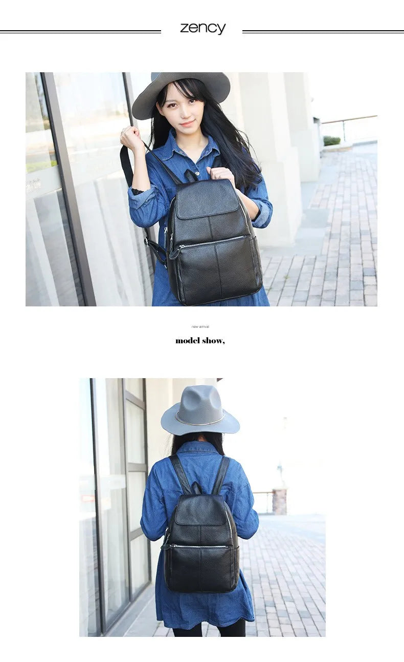 Zency Stylish Black White Genuine Leather Women Backpack A++ Quality Anti-theft Large Capacity Knapsack Travel Designer Rucksack