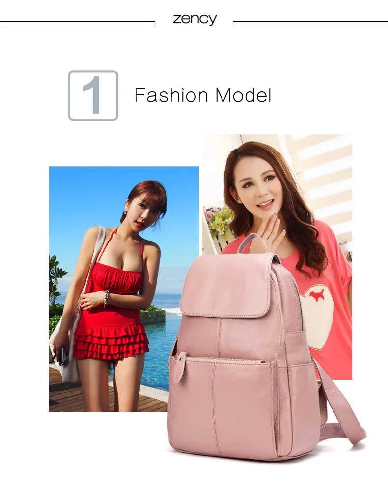 Zency Stylish Black White Genuine Leather Women Backpack A++ Quality Anti-theft Large Capacity Knapsack Travel Designer Rucksack