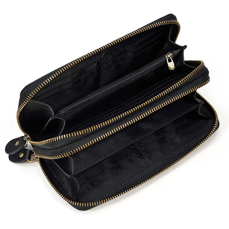 Luufan Vintage Crazy Horse Leather Men Women Long Purse Wallet Credit Card Double Zip Wallets Long Wallet Male Clutch Purse