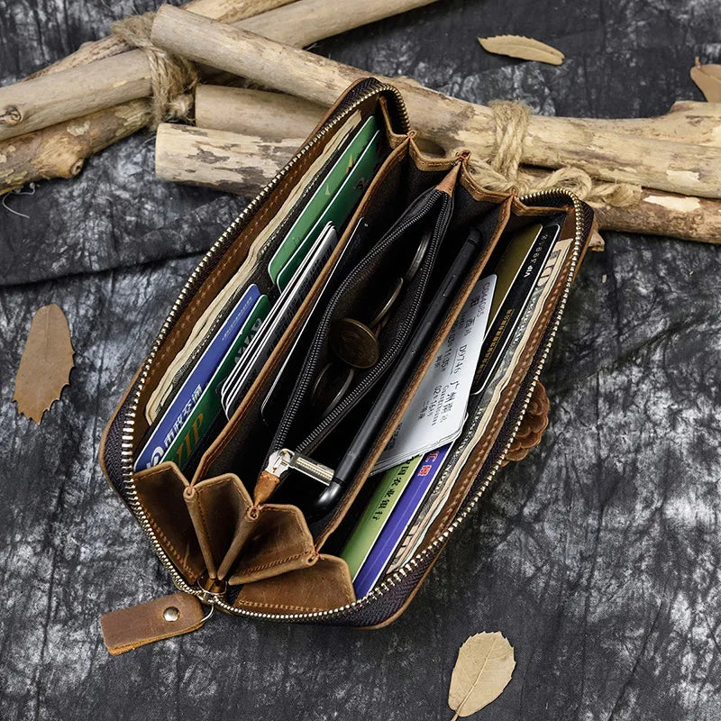 Luufan Vintage Crazy Horse Leather Men Women Long Purse Wallet Credit Card Double Zip Wallets Long Wallet Male Clutch Purse