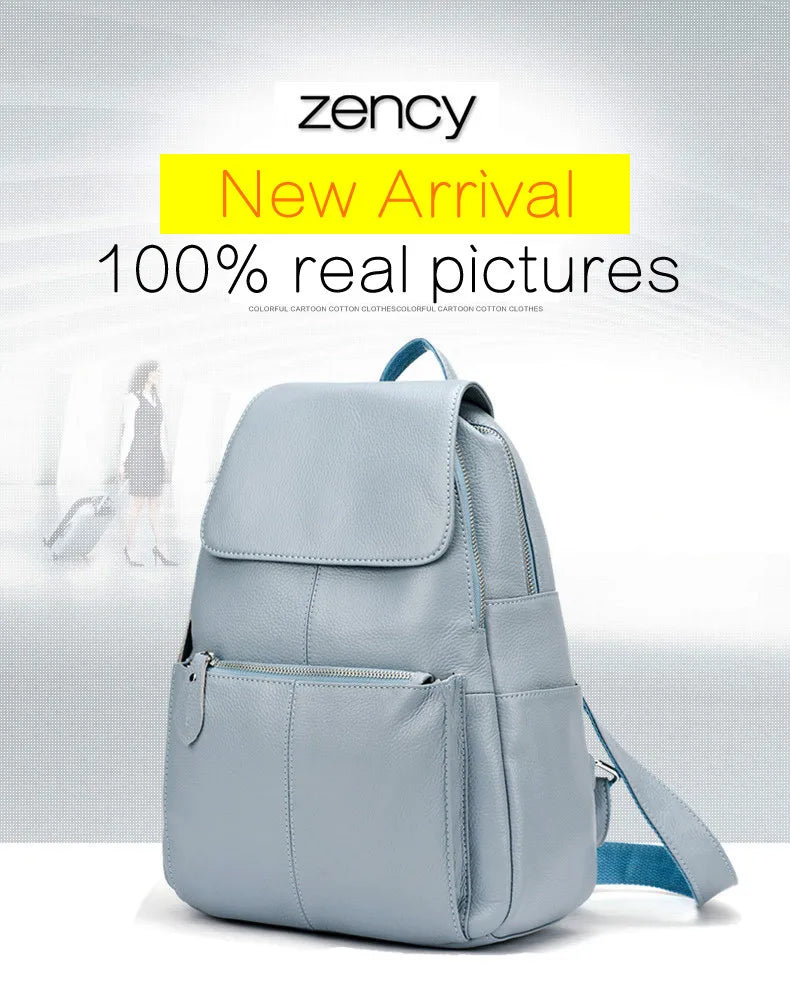Zency Stylish Black White Genuine Leather Women Backpack A++ Quality Anti-theft Large Capacity Knapsack Travel Designer Rucksack