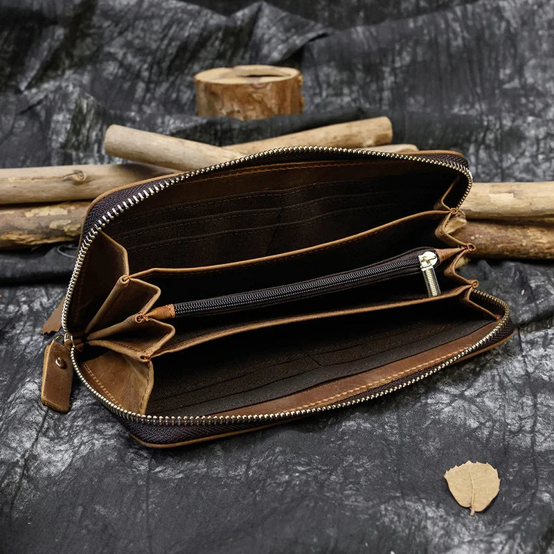 Luufan Vintage Crazy Horse Leather Men Women Long Purse Wallet Credit Card Double Zip Wallets Long Wallet Male Clutch Purse