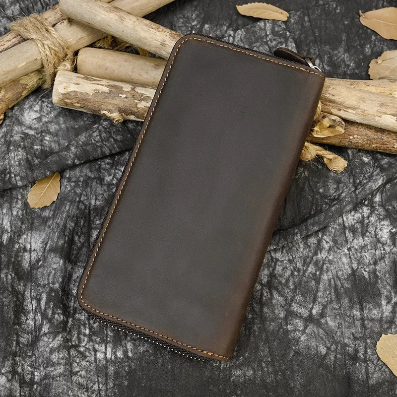 Luufan Vintage Crazy Horse Leather Men Women Long Purse Wallet Credit Card Double Zip Wallets Long Wallet Male Clutch Purse
