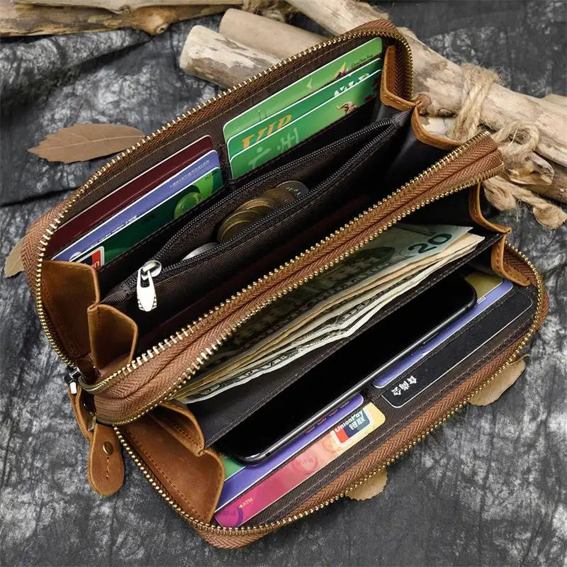Luufan Vintage Crazy Horse Leather Men Women Long Purse Wallet Credit Card Double Zip Wallets Long Wallet Male Clutch Purse