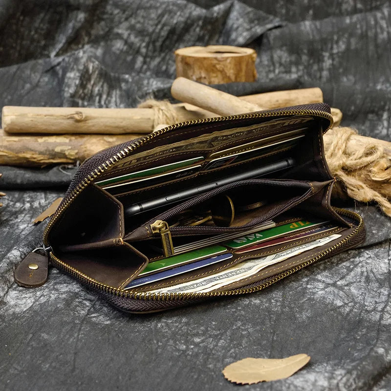 Luufan Vintage Crazy Horse Leather Men Women Long Purse Wallet Credit Card Double Zip Wallets Long Wallet Male Clutch Purse