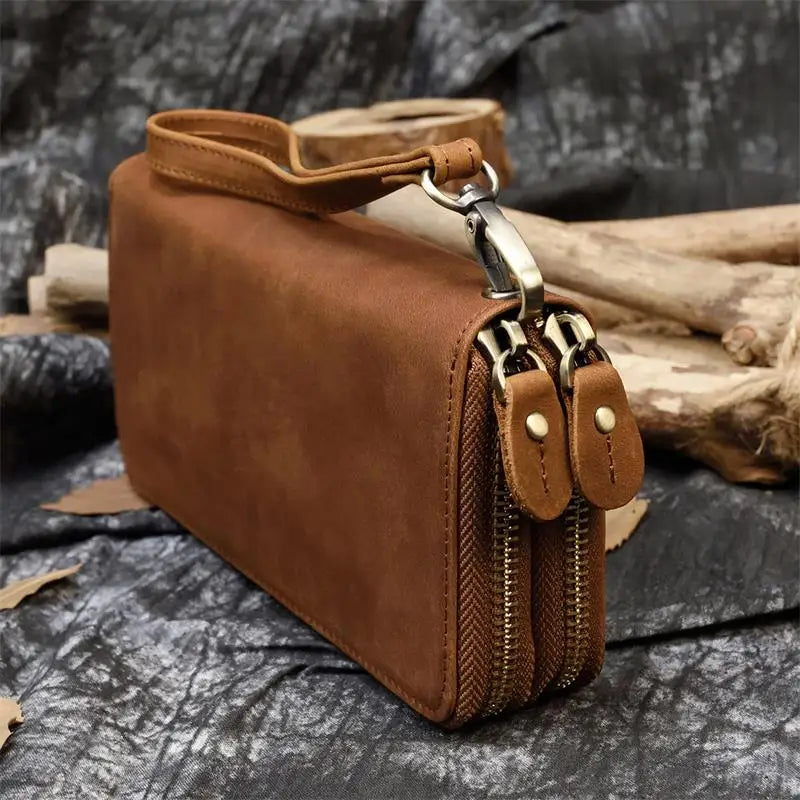 Luufan Vintage Crazy Horse Leather Men Women Long Purse Wallet Credit Card Double Zip Wallets Long Wallet Male Clutch Purse