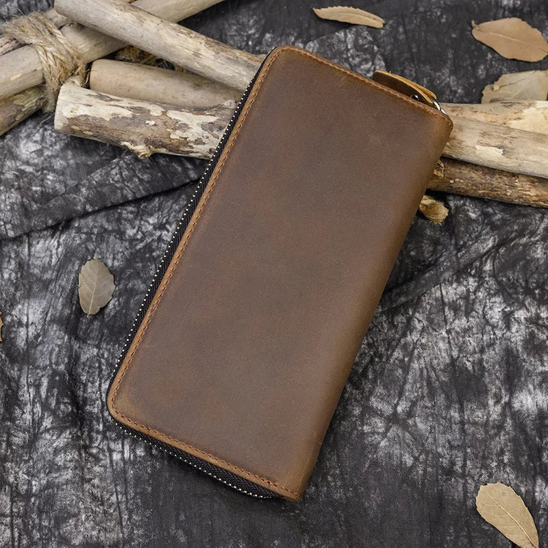 Luufan Vintage Crazy Horse Leather Men Women Long Purse Wallet Credit Card Double Zip Wallets Long Wallet Male Clutch Purse