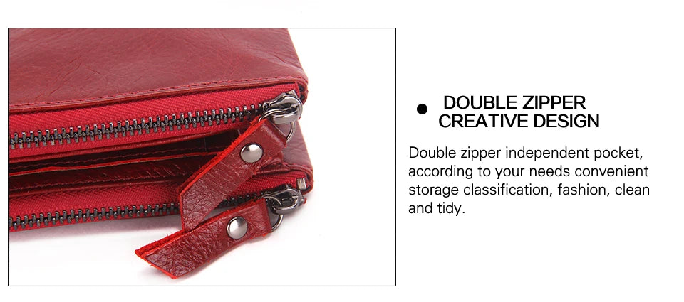 Fashion Genuine Leather Women Wallet Bi-fold Wallets Red ID Card Holder Coin Purse With Double Zipper Small Women's Purse 2022