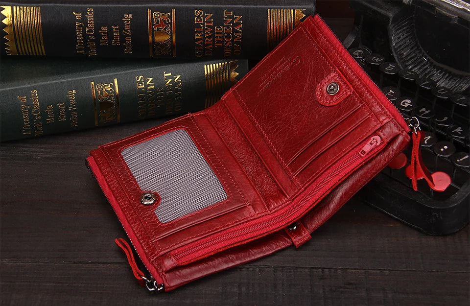 Fashion Genuine Leather Women Wallet Bi-fold Wallets Red ID Card Holder Coin Purse With Double Zipper Small Women's Purse 2022