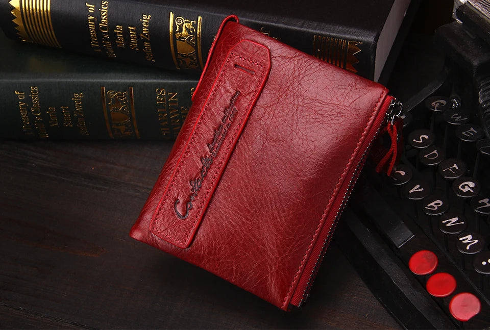 Fashion Genuine Leather Women Wallet Bi-fold Wallets Red ID Card Holder Coin Purse With Double Zipper Small Women's Purse 2022