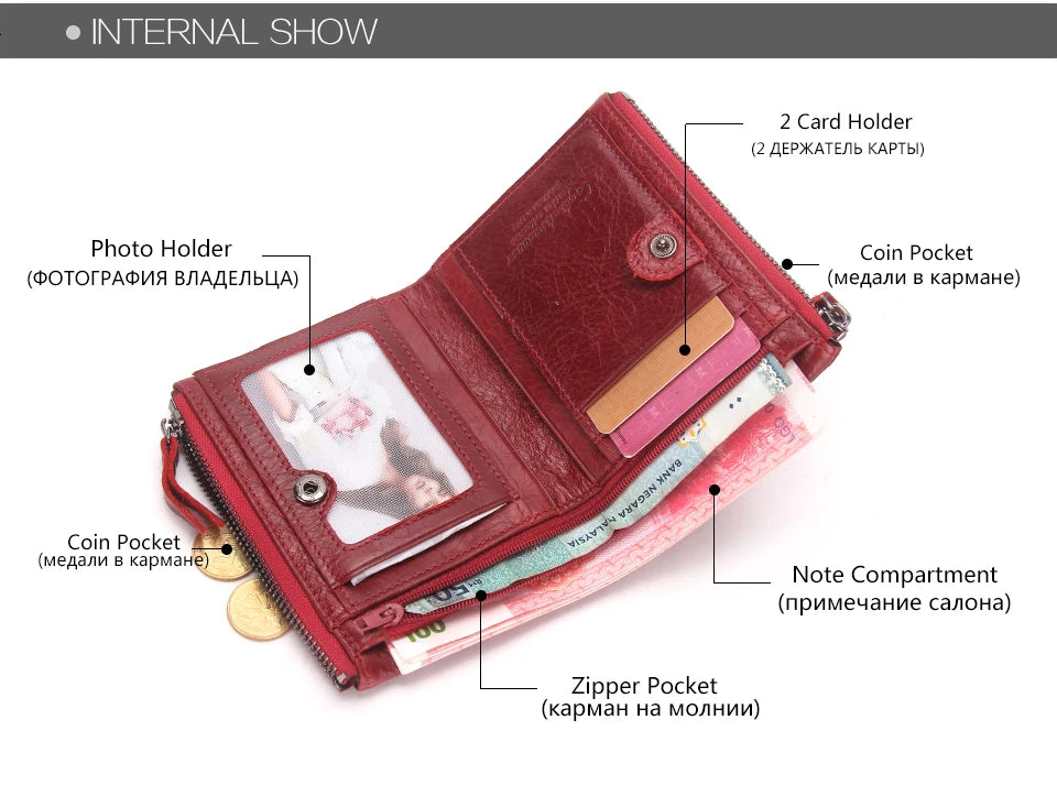 Fashion Genuine Leather Women Wallet Bi-fold Wallets Red ID Card Holder Coin Purse With Double Zipper Small Women's Purse 2022