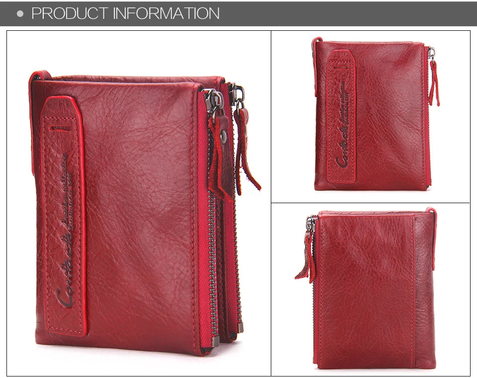 Fashion Genuine Leather Women Wallet Bi-fold Wallets Red ID Card Holder Coin Purse With Double Zipper Small Women's Purse 2022