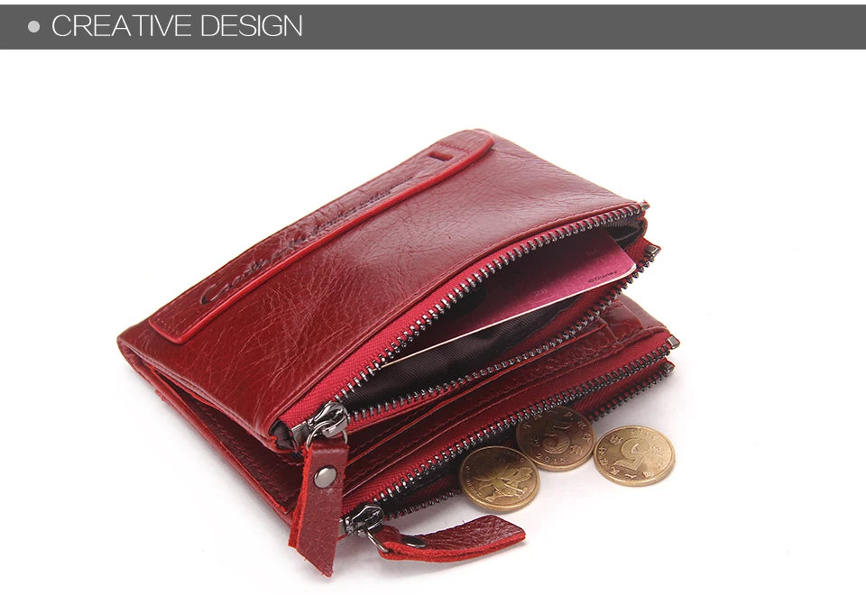 Fashion Genuine Leather Women Wallet Bi-fold Wallets Red ID Card Holder Coin Purse With Double Zipper Small Women's Purse 2022