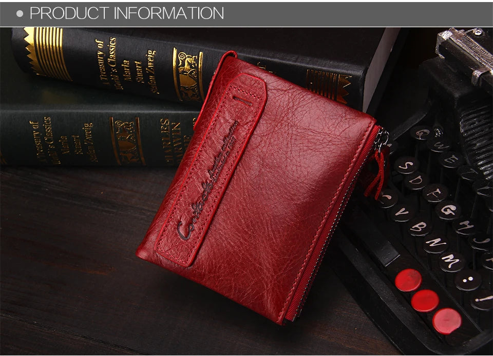 Fashion Genuine Leather Women Wallet Bi-fold Wallets Red ID Card Holder Coin Purse With Double Zipper Small Women's Purse 2022