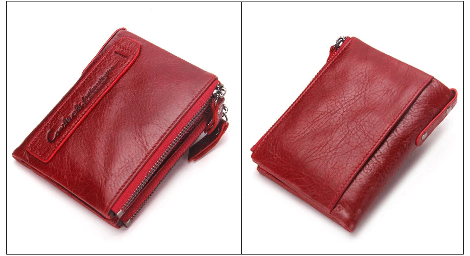 Fashion Genuine Leather Women Wallet Bi-fold Wallets Red ID Card Holder Coin Purse With Double Zipper Small Women's Purse 2022