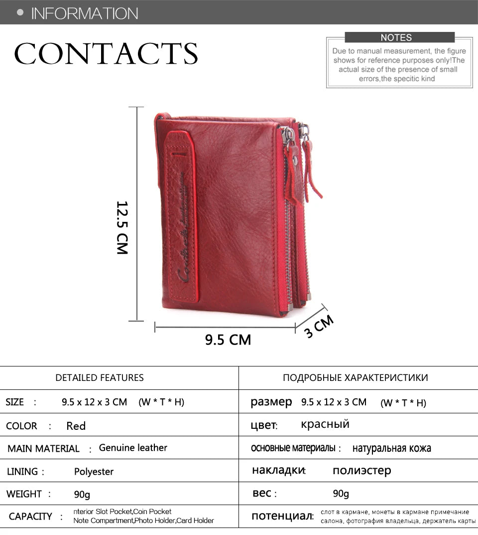 Fashion Genuine Leather Women Wallet Bi-fold Wallets Red ID Card Holder Coin Purse With Double Zipper Small Women's Purse 2022