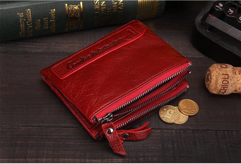 Fashion Genuine Leather Women Wallet Bi-fold Wallets Red ID Card Holder Coin Purse With Double Zipper Small Women's Purse 2022
