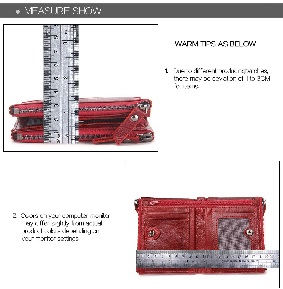 Fashion Genuine Leather Women Wallet Bi-fold Wallets Red ID Card Holder Coin Purse With Double Zipper Small Women's Purse 2022