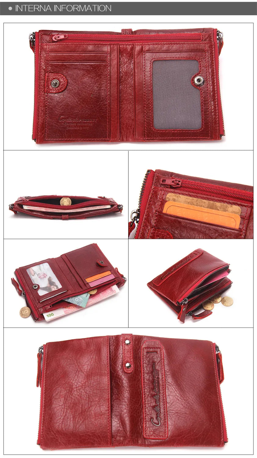 Fashion Genuine Leather Women Wallet Bi-fold Wallets Red ID Card Holder Coin Purse With Double Zipper Small Women's Purse 2022