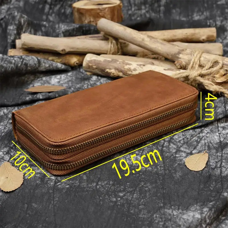 Luufan Vintage Crazy Horse Leather Men Women Long Purse Wallet Credit Card Double Zip Wallets Long Wallet Male Clutch Purse