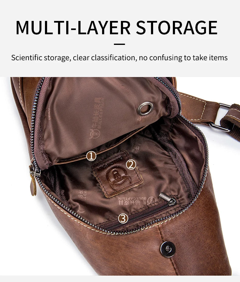BULLCAPTAIN  Leather Messenger Bags Men's Casual Bag For Men Chest Bag Brand Designer Multi-Function Headphone Jack Chest Pack