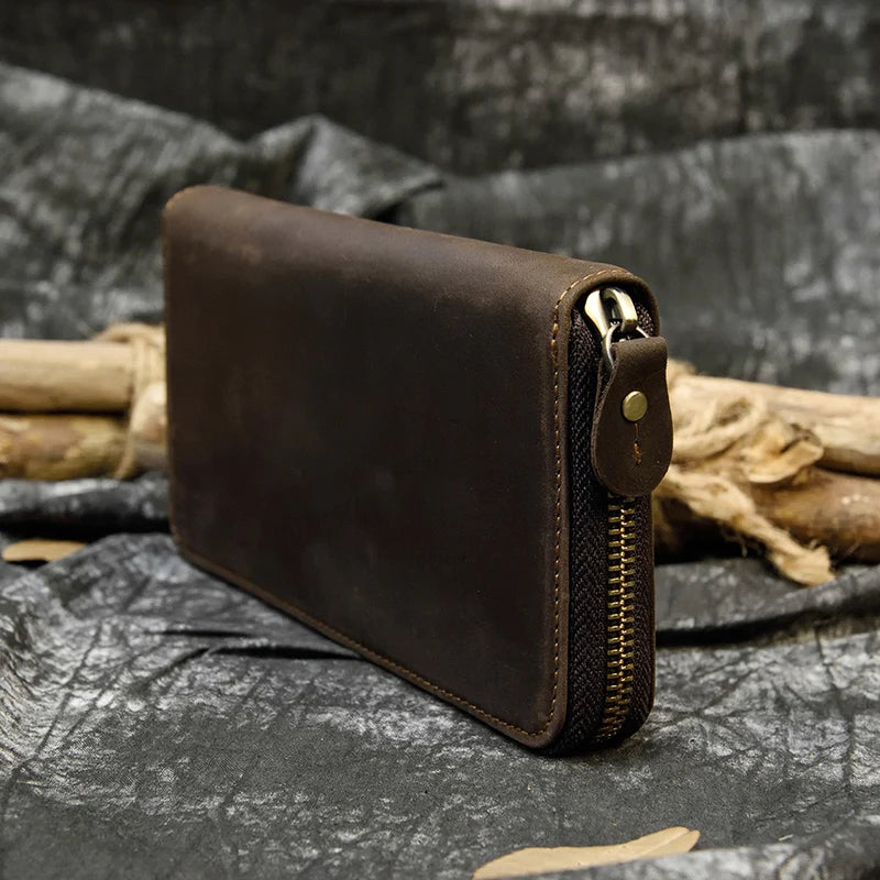 Luufan Vintage Crazy Horse Leather Men Women Long Purse Wallet Credit Card Double Zip Wallets Long Wallet Male Clutch Purse