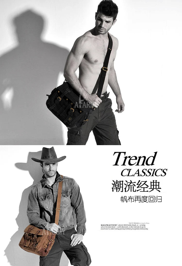 New Fashion Vintage Leather Canvas Men's Messenger Bag Cotton Canvas Crossbody Bag Men Shoulder Bag Sling Casual Bag Leisure