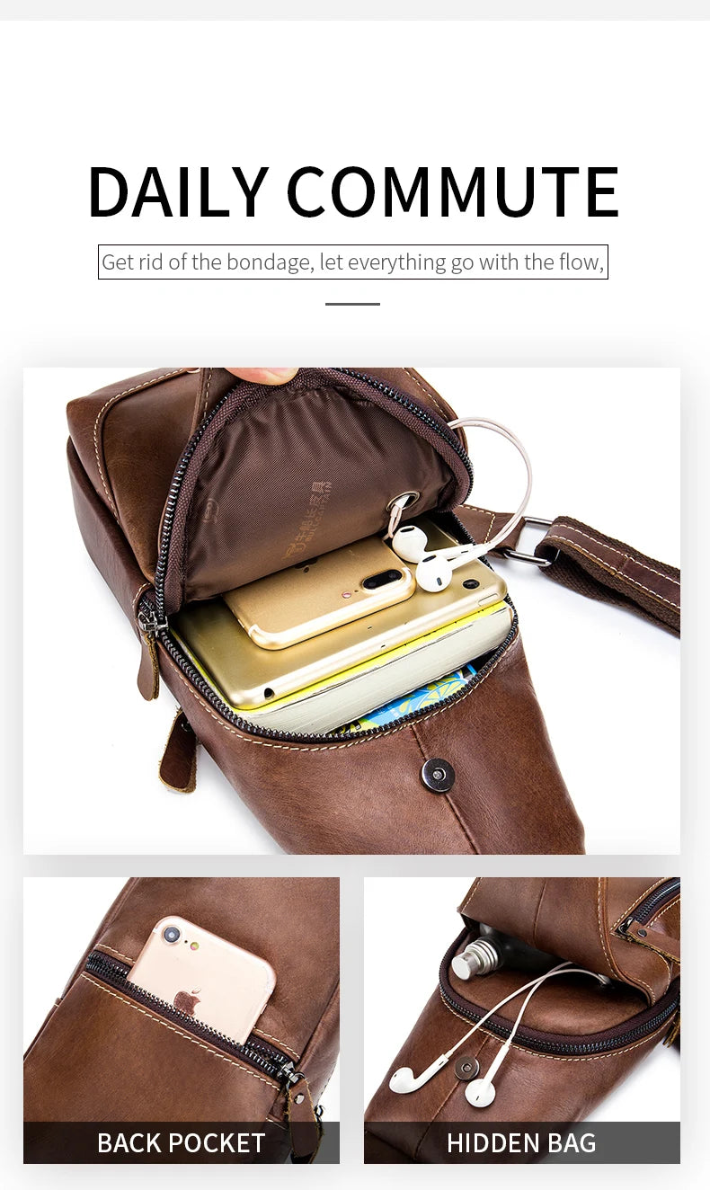 BULLCAPTAIN  Leather Messenger Bags Men's Casual Bag For Men Chest Bag Brand Designer Multi-Function Headphone Jack Chest Pack