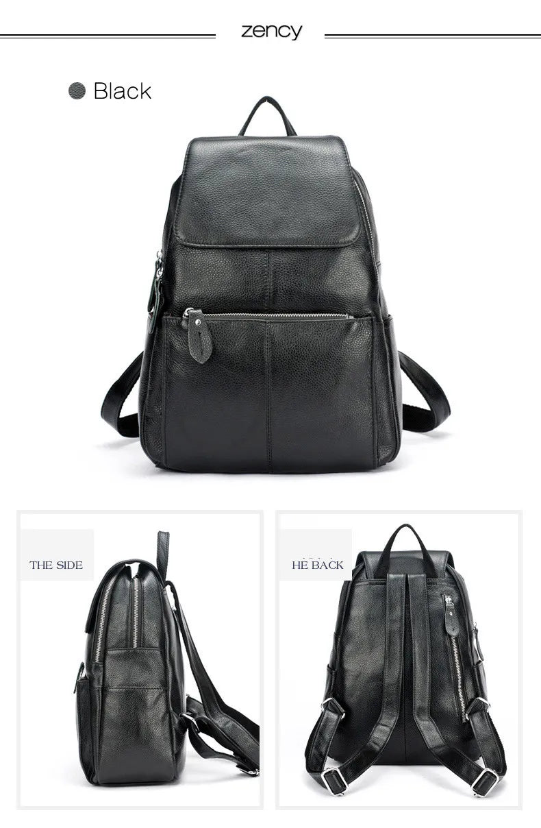 Zency Stylish Black White Genuine Leather Women Backpack A++ Quality Anti-theft Large Capacity Knapsack Travel Designer Rucksack