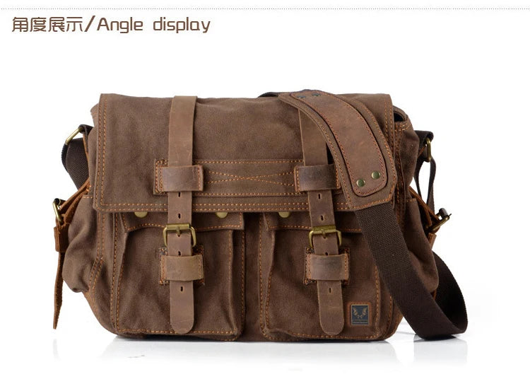 New Fashion Vintage Leather Canvas Men's Messenger Bag Cotton Canvas Crossbody Bag Men Shoulder Bag Sling Casual Bag Leisure