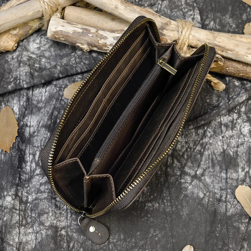 Luufan Vintage Crazy Horse Leather Men Women Long Purse Wallet Credit Card Double Zip Wallets Long Wallet Male Clutch Purse
