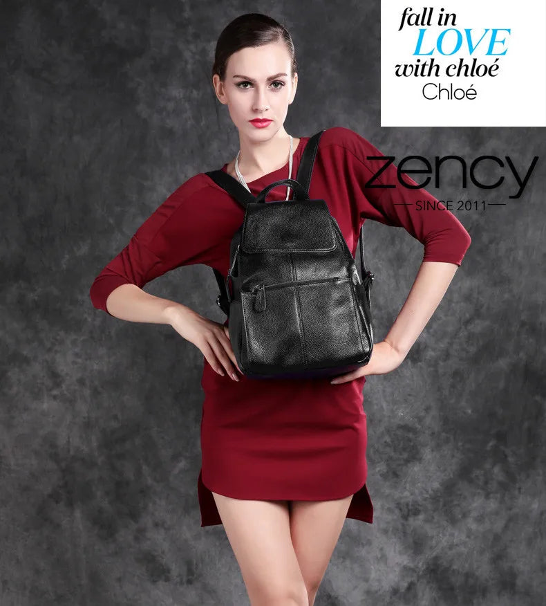 Zency Stylish Black White Genuine Leather Women Backpack A++ Quality Anti-theft Large Capacity Knapsack Travel Designer Rucksack